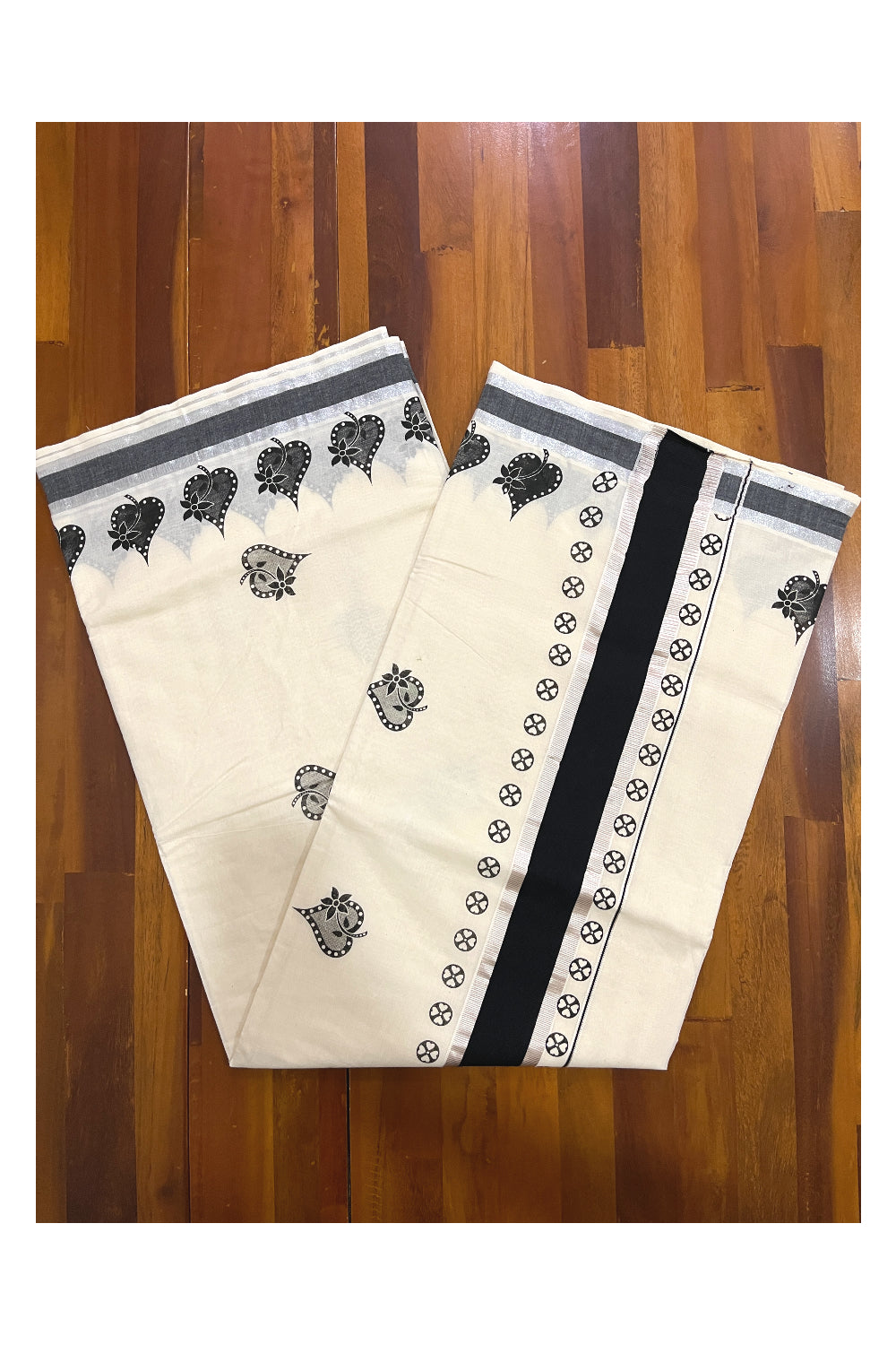 Pure Cotton Kerala Saree with Black Leaf Block Prints and Silver Kasavu Border (Vishu Saree 2023)