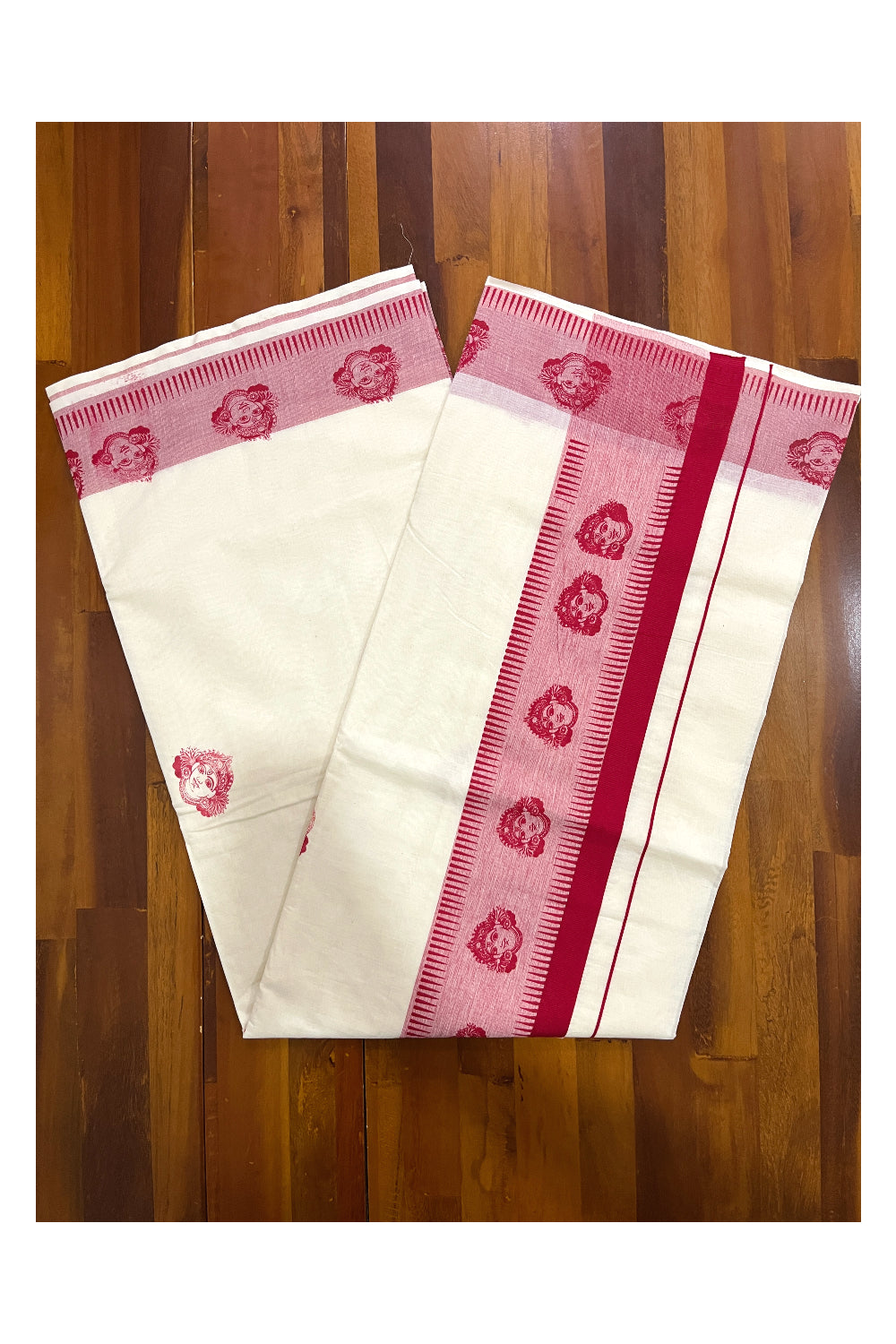 Pure Cotton Kerala Saree with Red Krishna Block Printed Border (Onam Saree 2023)