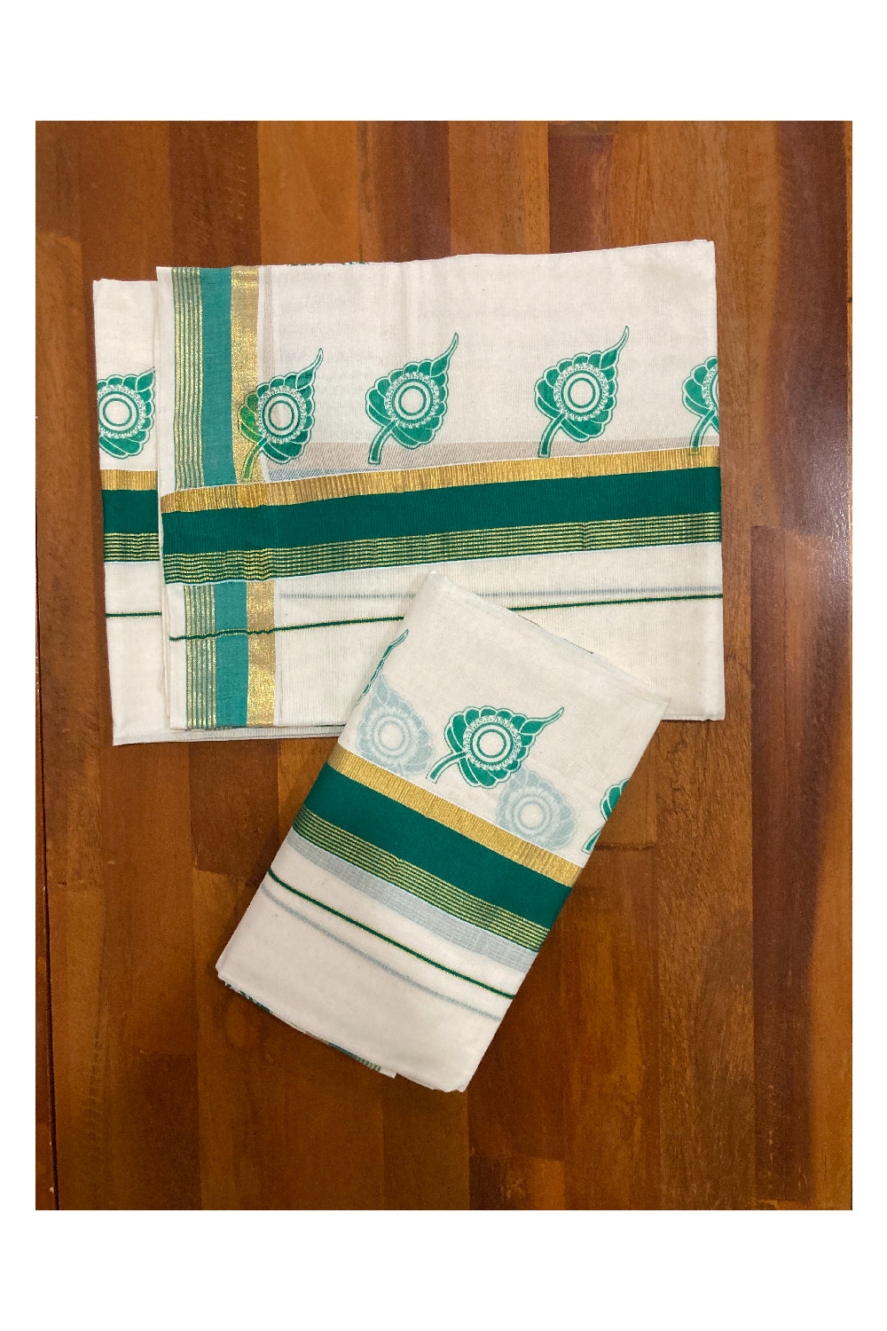 Pure Cotton Kasavu Set Mundu (Mundum Neriyathum) with Green Leaf Block Prints on Border