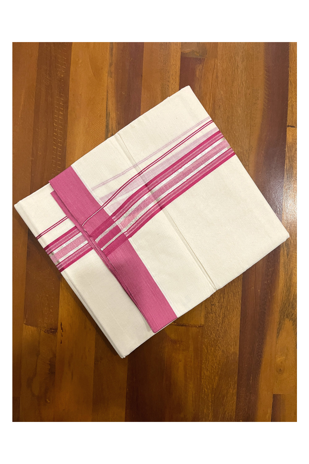 Pure Cotton Off White Double Mundu with Magenta and Silver Kara (South Indian Dhoti)