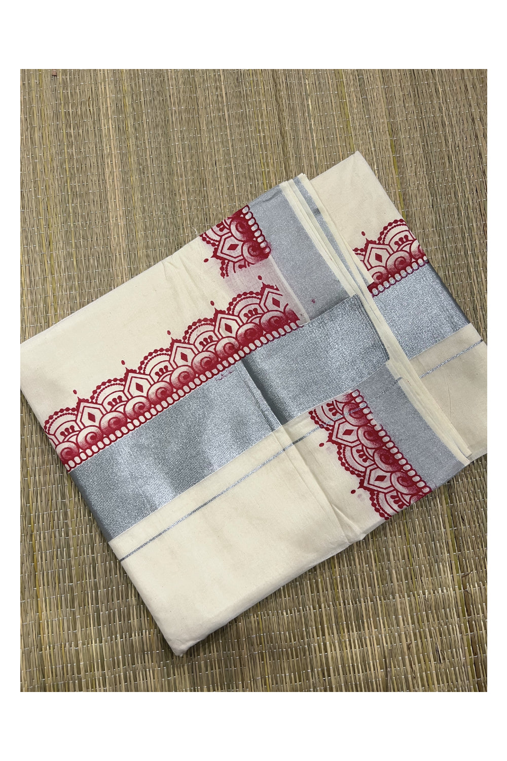 Pure Cotton Off White Kerala Silver Kasavu Saree with Red Block Print along Borders