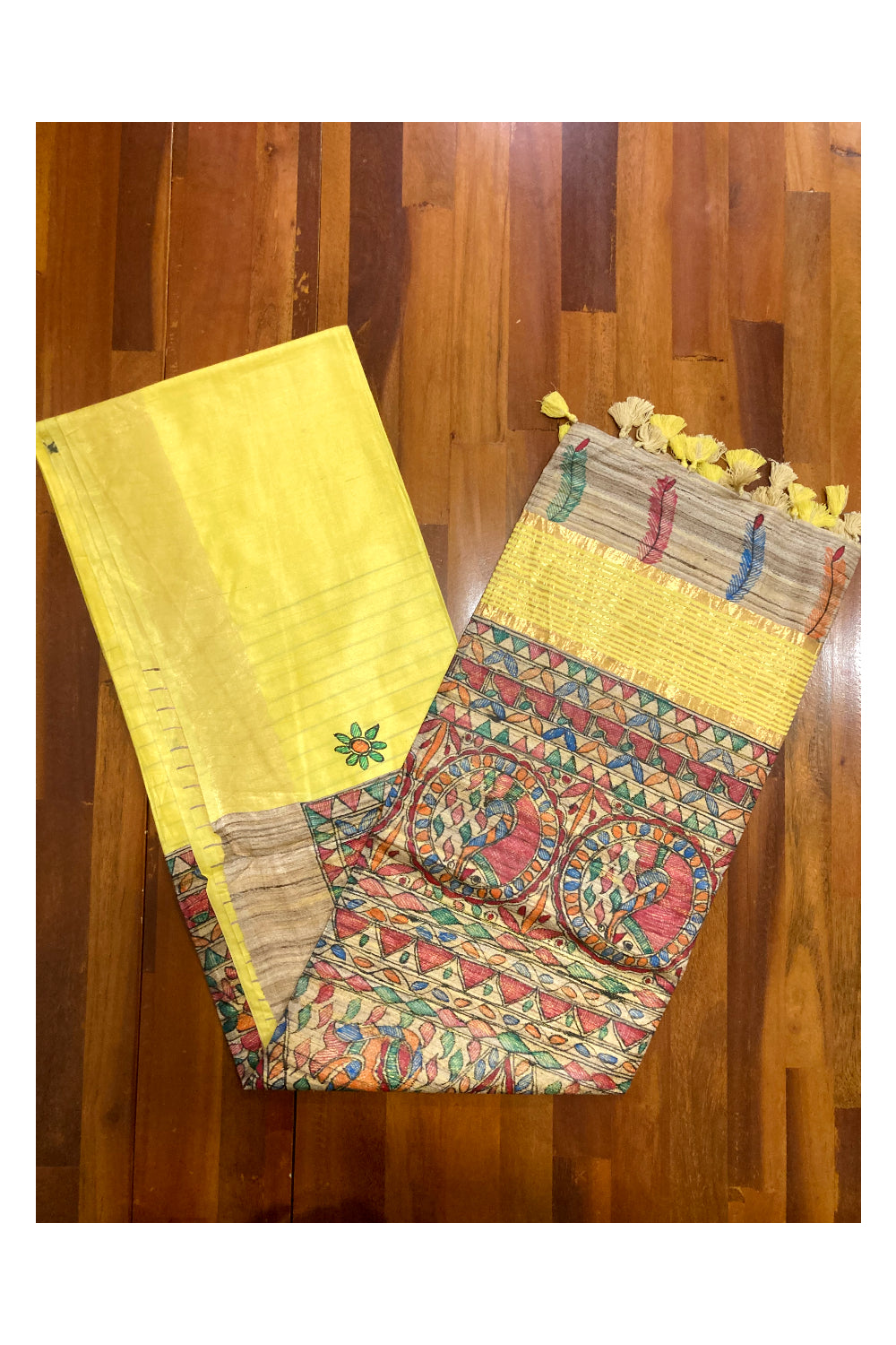 Southloom Soft Silk Yellow Saree with Multi-Coloured Art Works on Pallu