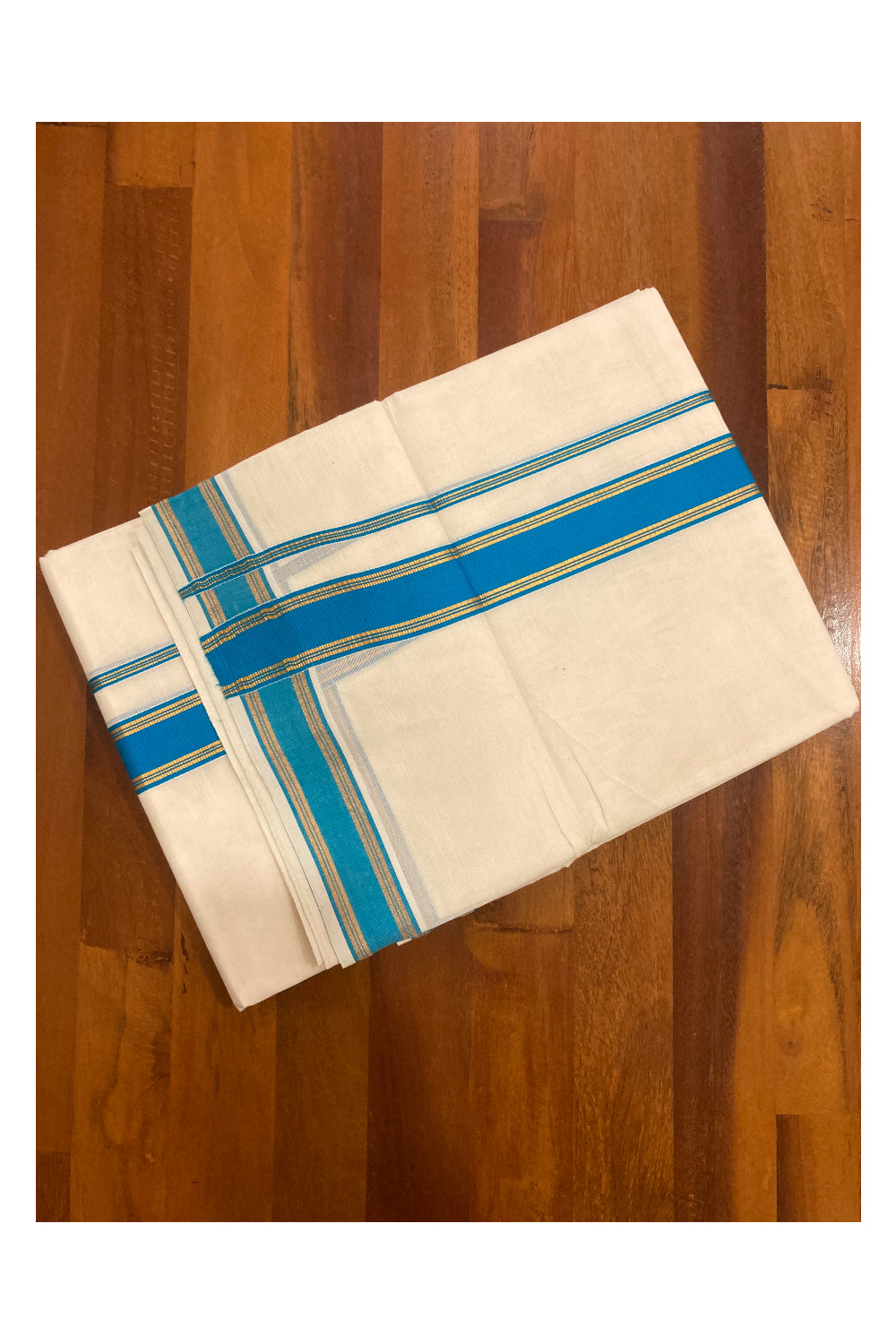 Off White Kerala Double Mundu with Kasavu and Blue Border (South Indian Dhoti)