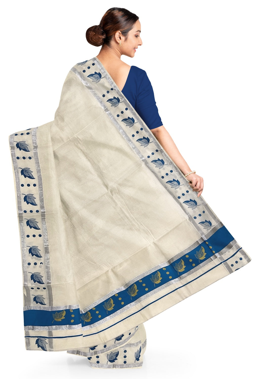 Pure Cotton Kerala Saree with Golden Leaf Block Prints on Silver Kasavu and Blue Pallu