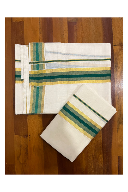 Kerala Cotton Mundum Neriyathum Single (Set Mundu) with Green and Kasavu Border 2.80 Mtrs