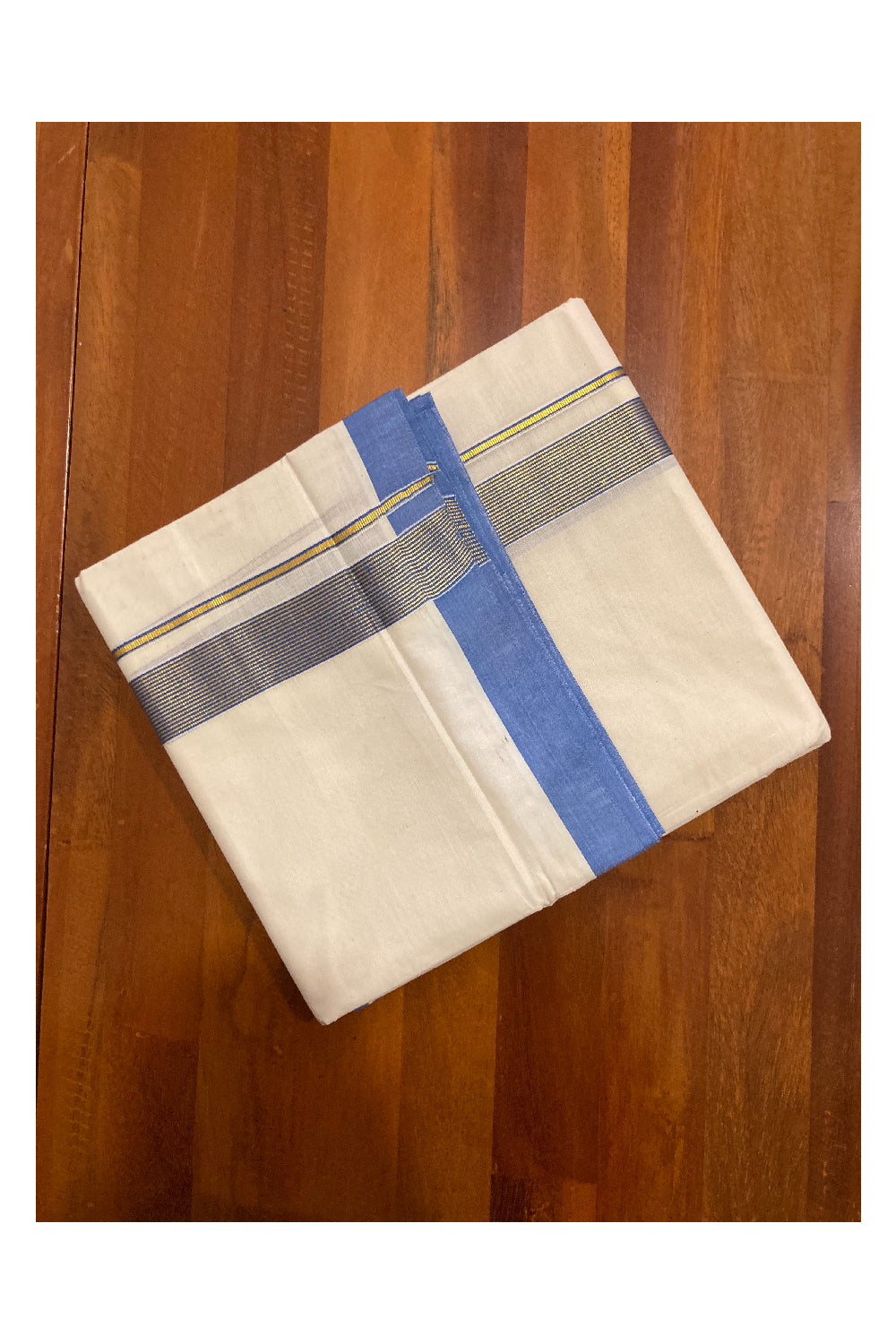 Off White Kerala Double Mundu with Kasavu and Blue Line Border (South Indian Dhoti)