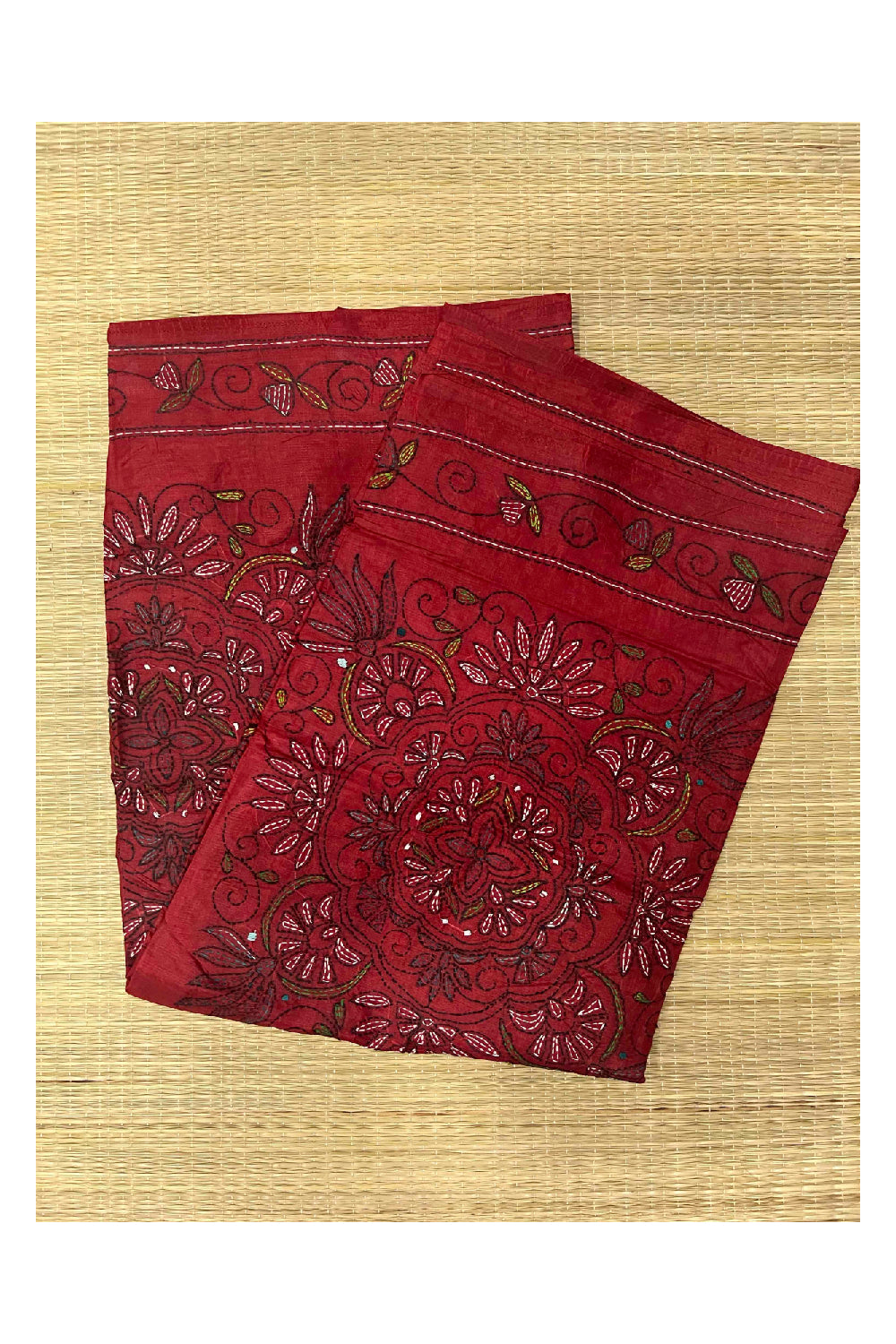 Southloom Kantha Thread Work Designer Dark Red Saree