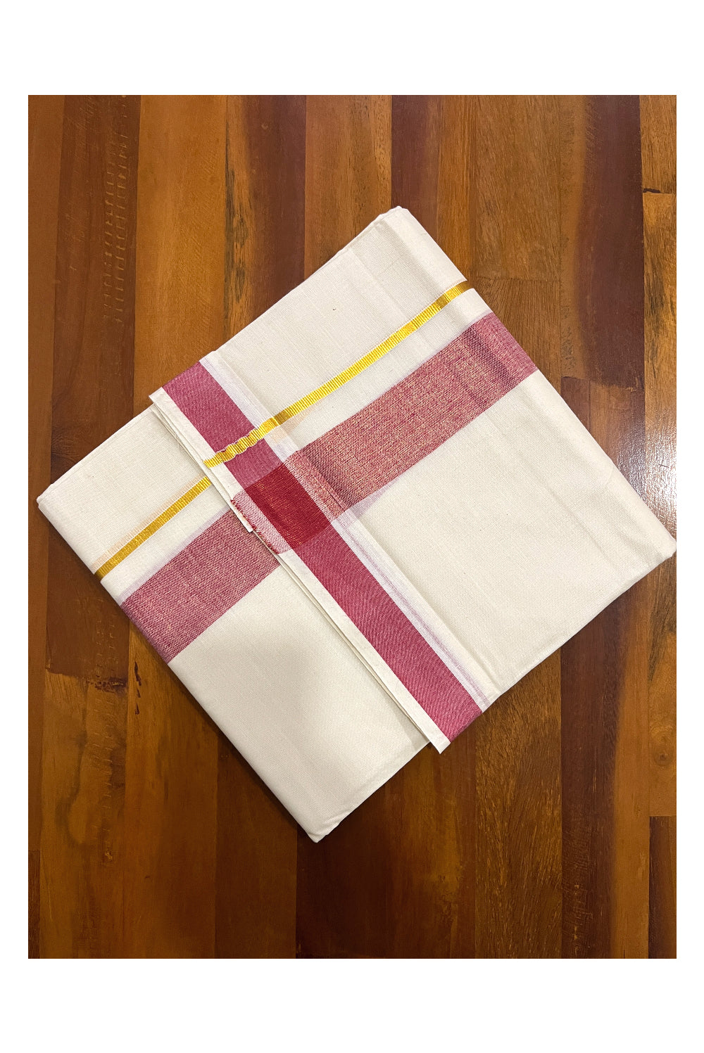 Pure Cotton Double Mundu with Kasavu Red Kara (South Indian Dhoti)