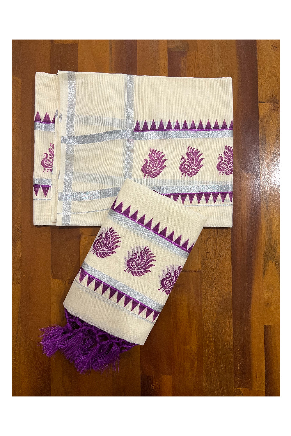 Kerala Cotton Set Mundu (Mundum Neriyathum) with Silver Kasavu Magenta Peacock Temple Block Prints and Tassels Border