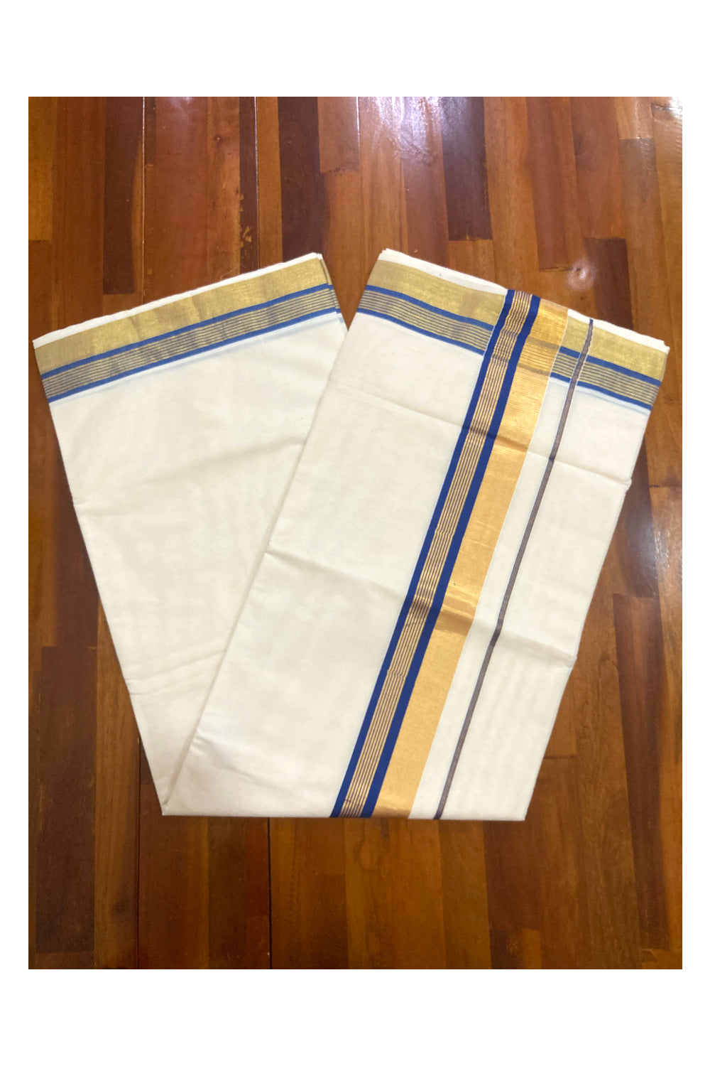 Kerala Pure Cotton Plain Saree with Kasavu and Blue Border