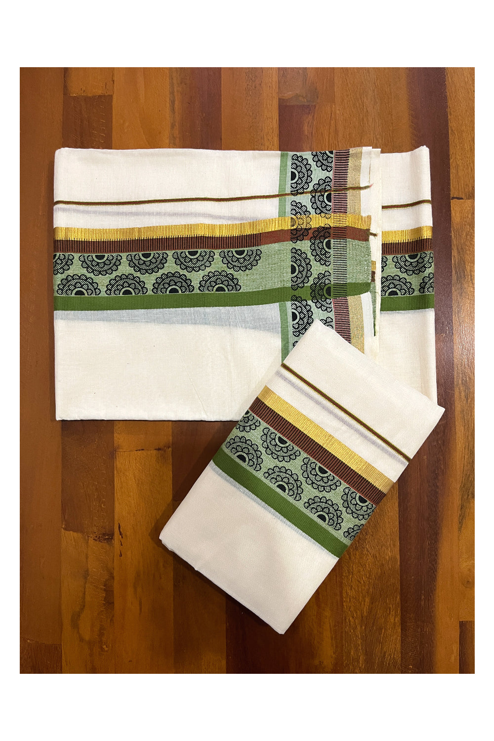 Kerala Cotton Single Kasavu Set Mundu (Mundum Neriyathum) with Block Prints on Green Brown Border