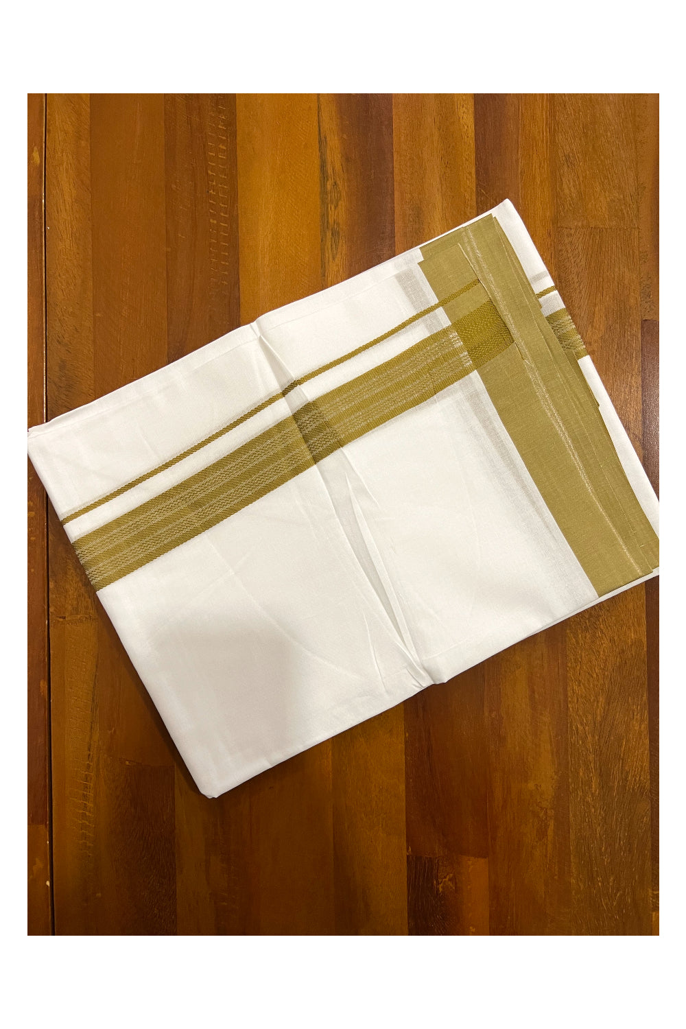 Pure White Cotton Double Mundu with Olive Green Border (South Indian Dhoti)
