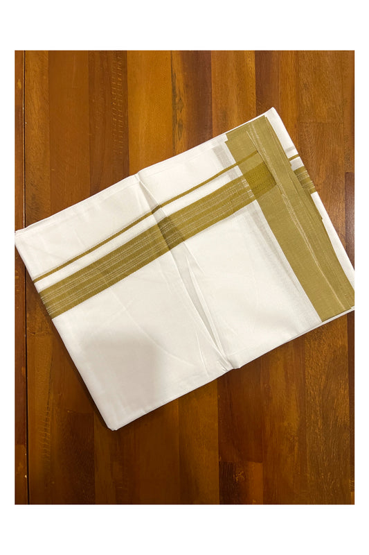 Pure White Cotton Double Mundu with Olive Green Border (South Indian Dhoti)