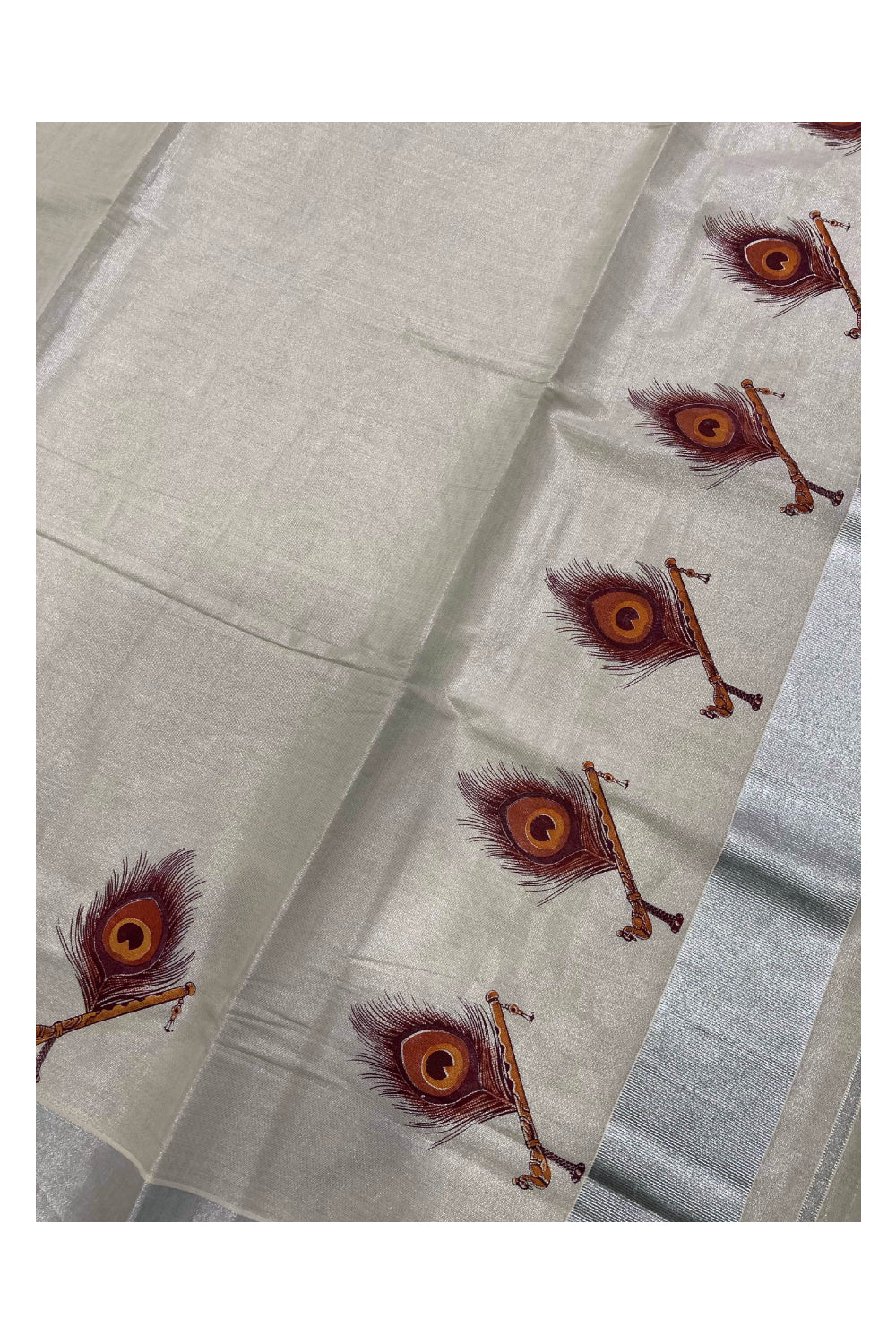 Kerala Silver Tissue Kasavu Saree with Mural Printed Peacock Feather Design