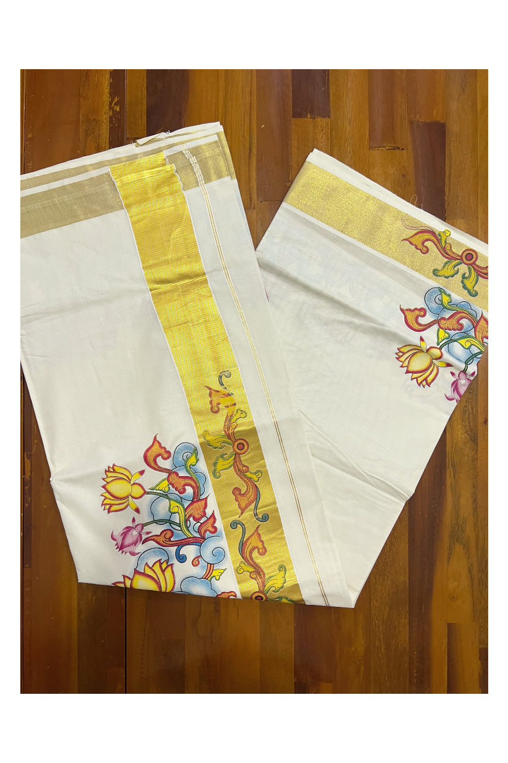 Pure Cotton Kerala Kasavu Saree with Mural Printed Lotus Art Design