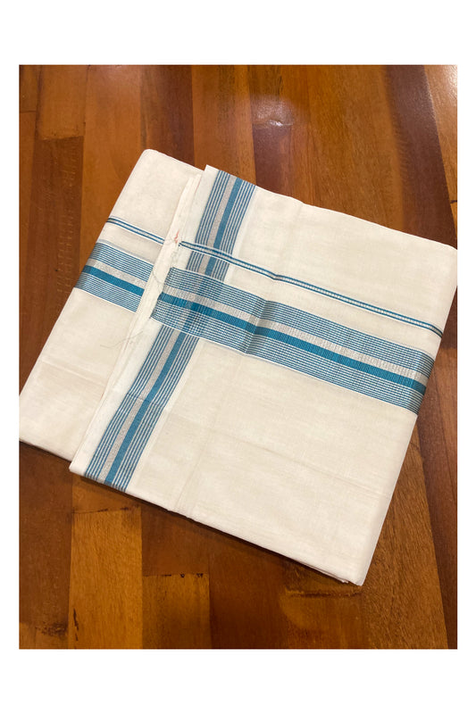 Southloom Premium Handloom Cotton Off White Mundu with Silver and Teal Blue Kasavu Border (South Indian Dhoti)