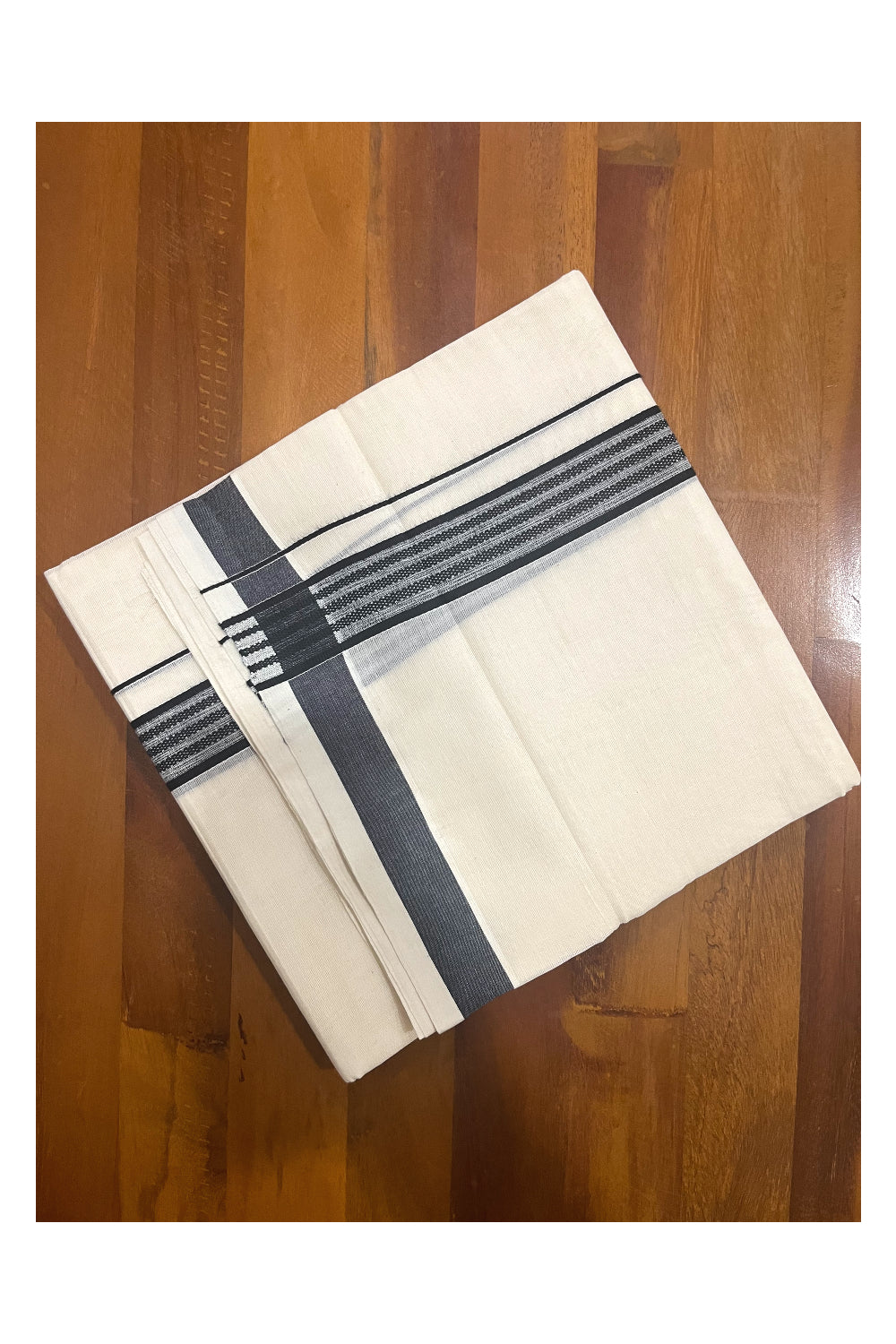 Pure Cotton Off White Double Mundu with Black Border (South Indian Dhoti)