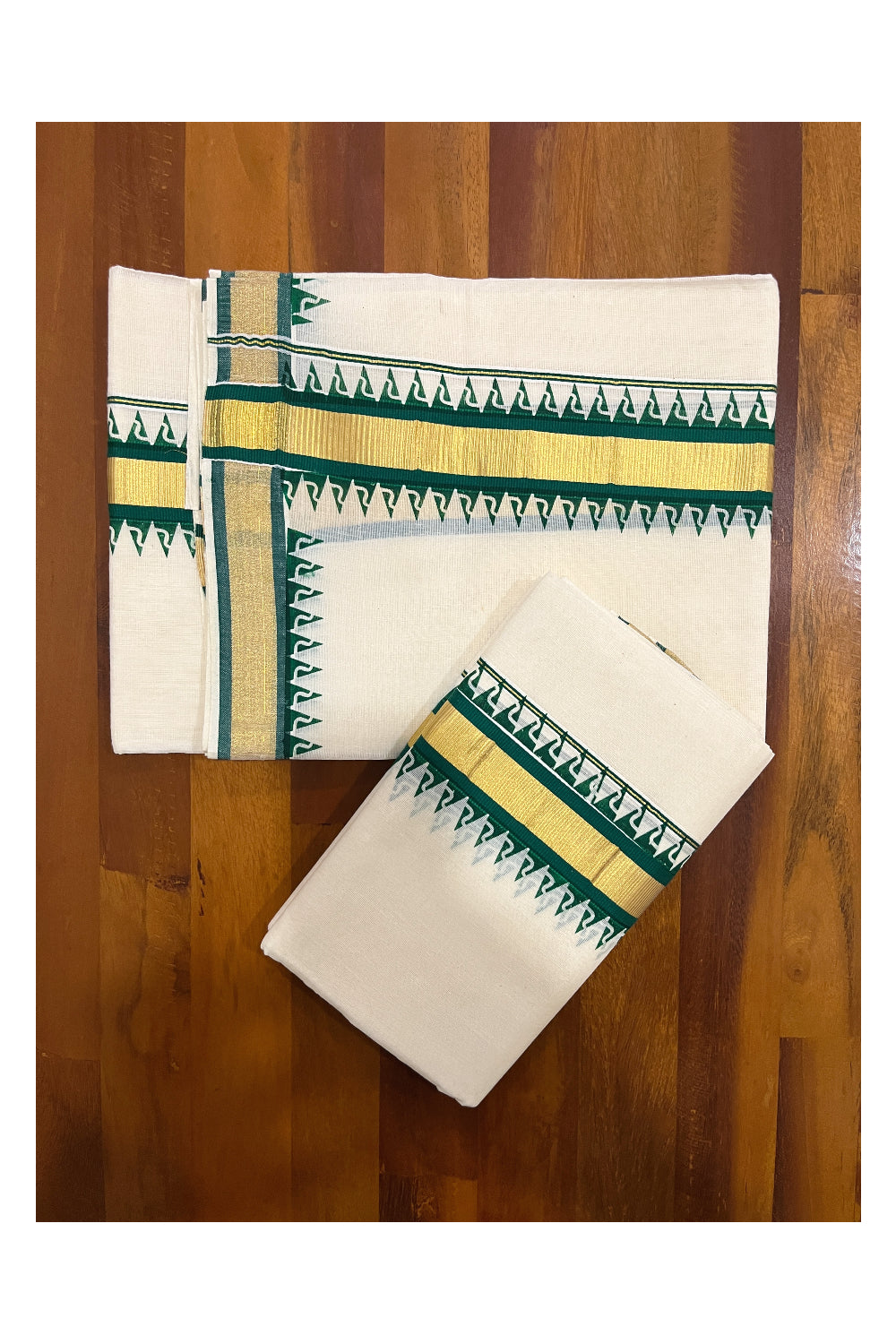 Pure Cotton Kasavu Single Set Mundu (Mundum Neriyathum) with Green Temple Border 2.80 Mtrs (Onam 2024 Collection)