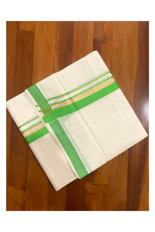 Pure Cotton Double Mundu with Green and Kasavu Border (South Indian Dhoti)