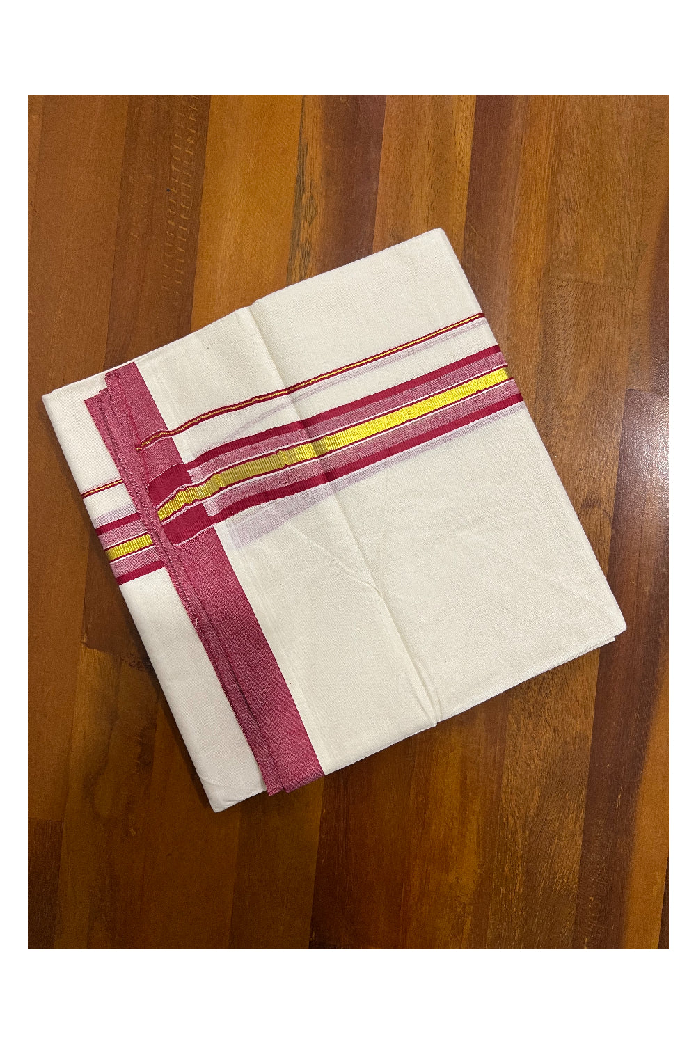 Pure Cotton Off White Double Mundu with Red and Kasavu Border (South Indian Dhoti)