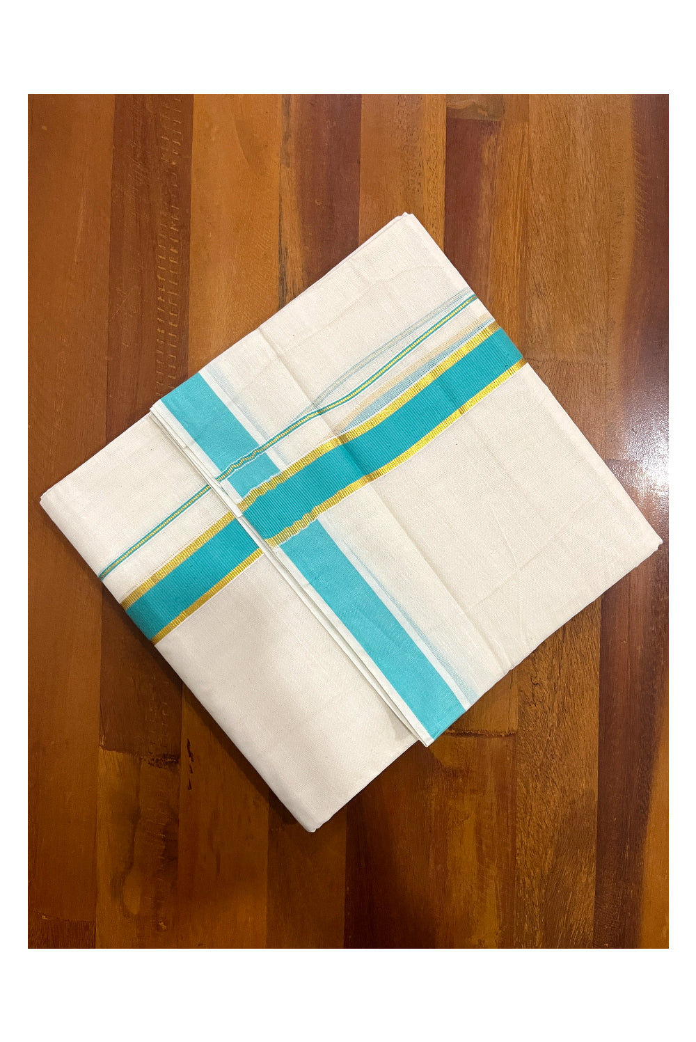 Pure Cotton Double Mundu with Kasavu Turquoise Kara (South Indian Kerala Dhoti)