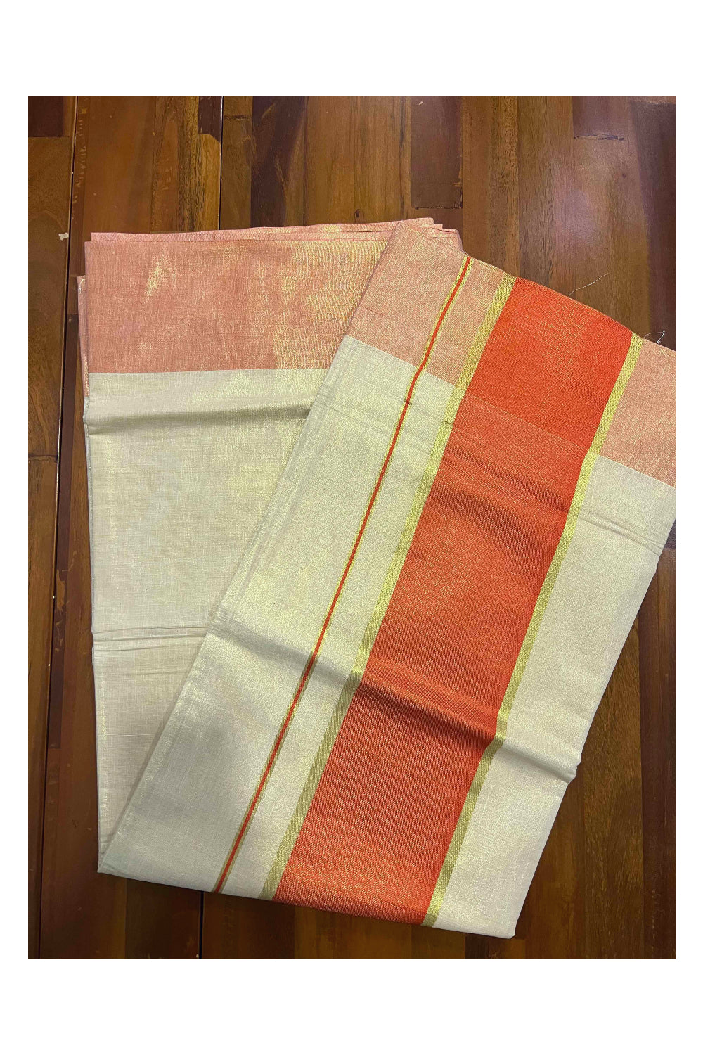 Kerala Kasavu Tissue Plain Saree with Orange and Kasavu Border