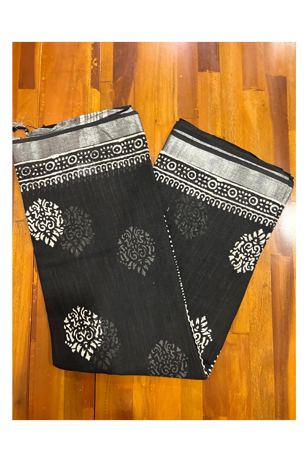 Southloom Linen Black Designer Saree with White Prints and Tassels on Pallu