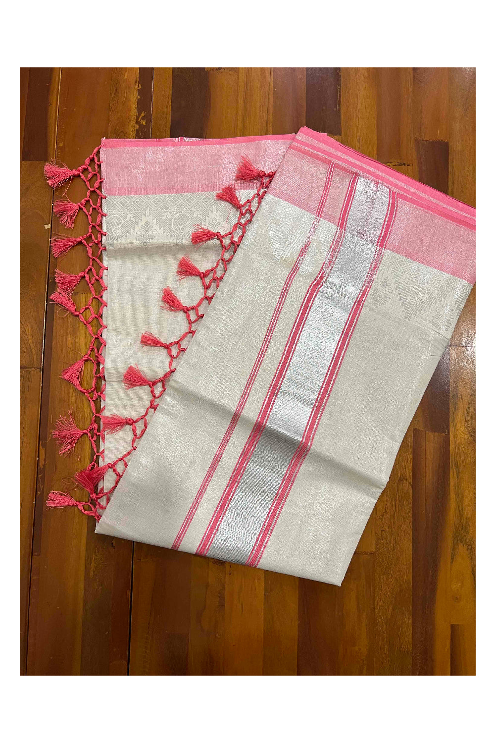 Kerala Silver Tissue Plain Saree with Pink and Silver Border