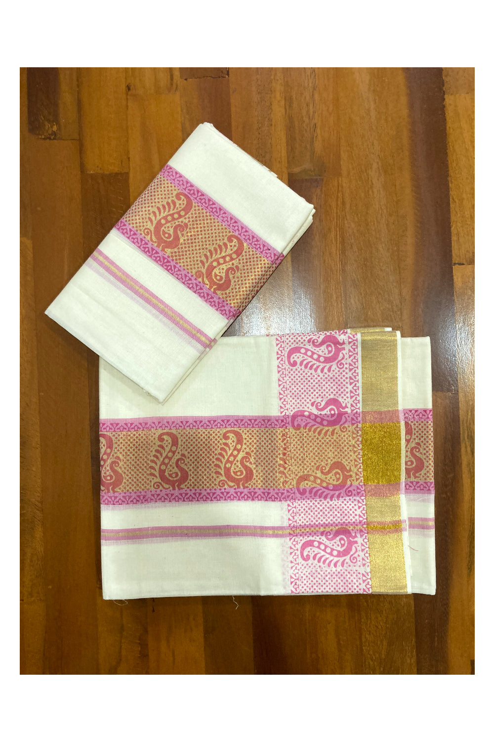 Kerala Cotton Kasavu Set Mundu (Mundum Neriyathum) with Pink Block Prints on Border