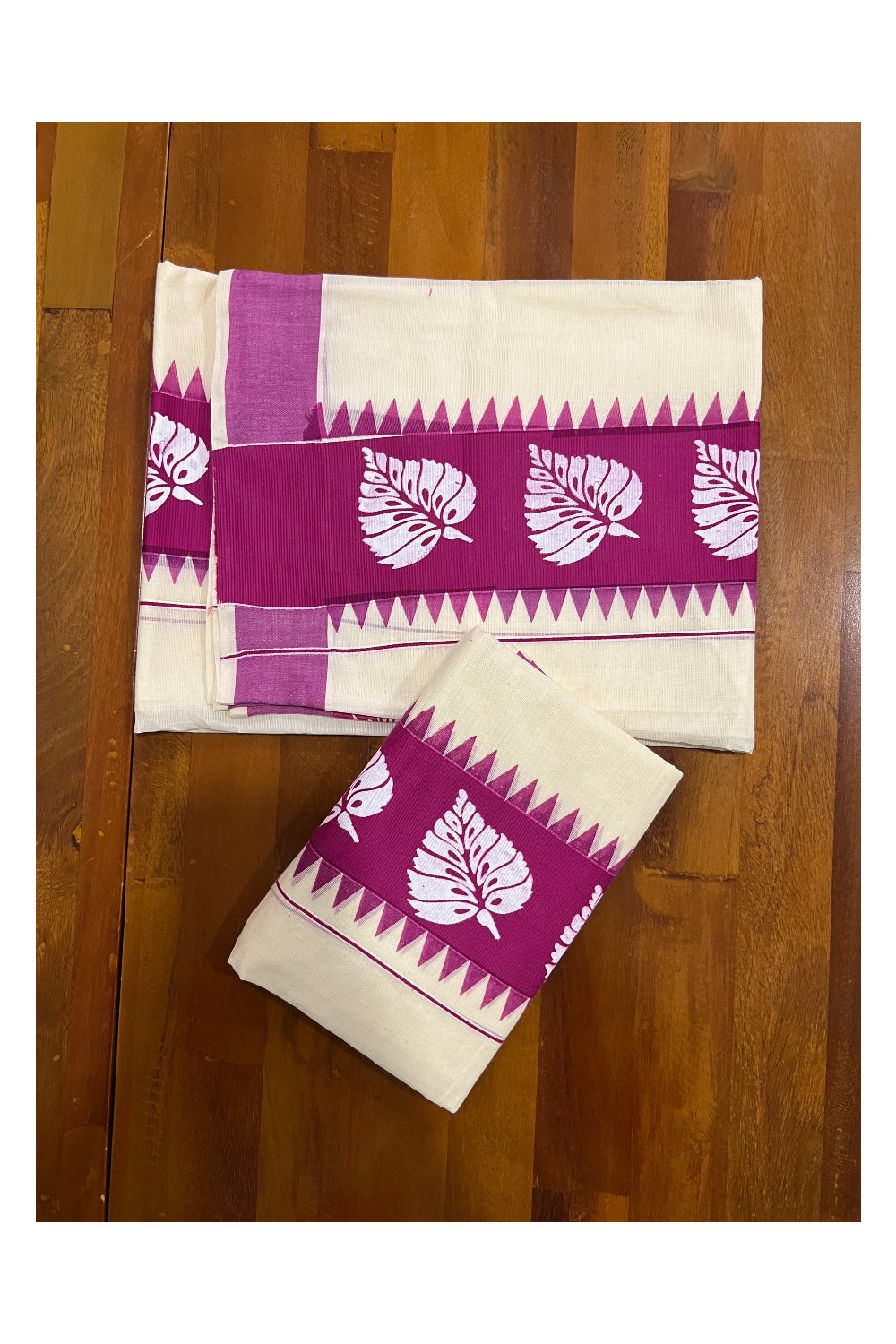 Pure Cotton Kerala Set Mundu (Mundum Neriyathum) with White Leaf Block Prints on Magenta Temple Border