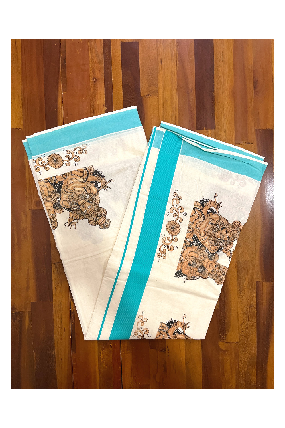 Kerala Pure Cotton Saree with Brown Krishna Radha Prints and Turquoise Border