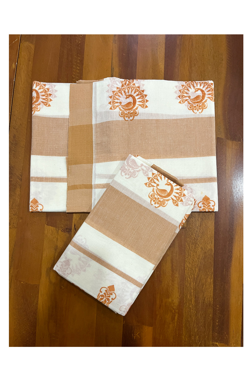 Pure Cotton Single Set Mundu (Mundum Neriyathum Vishu 2023) with Brown Block Prints and Border