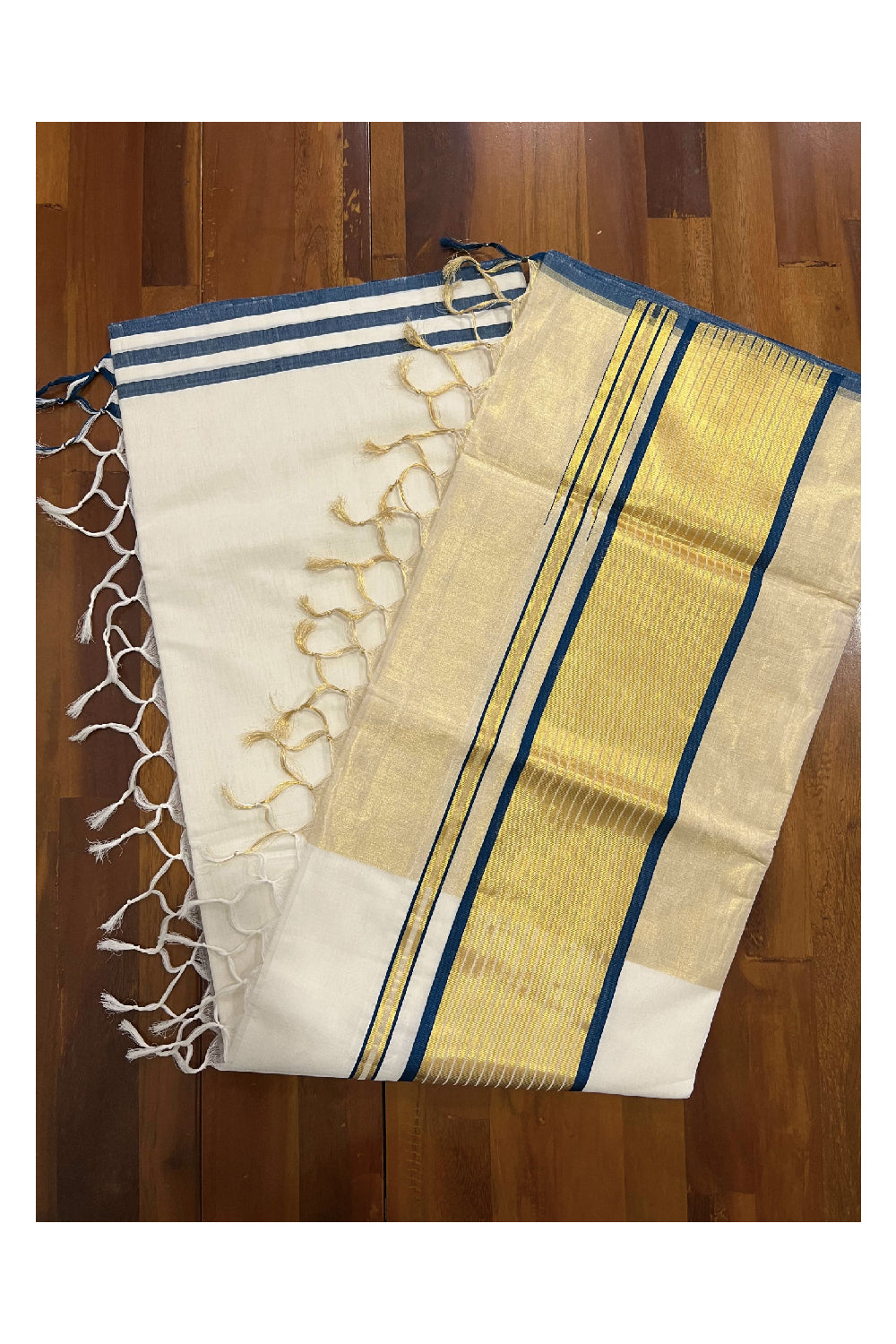 Southloom™ Balaramapuram Handloom Half & Half (Cotton / Tissue) Kerala Saree with Teal Blue and Kasavu Border