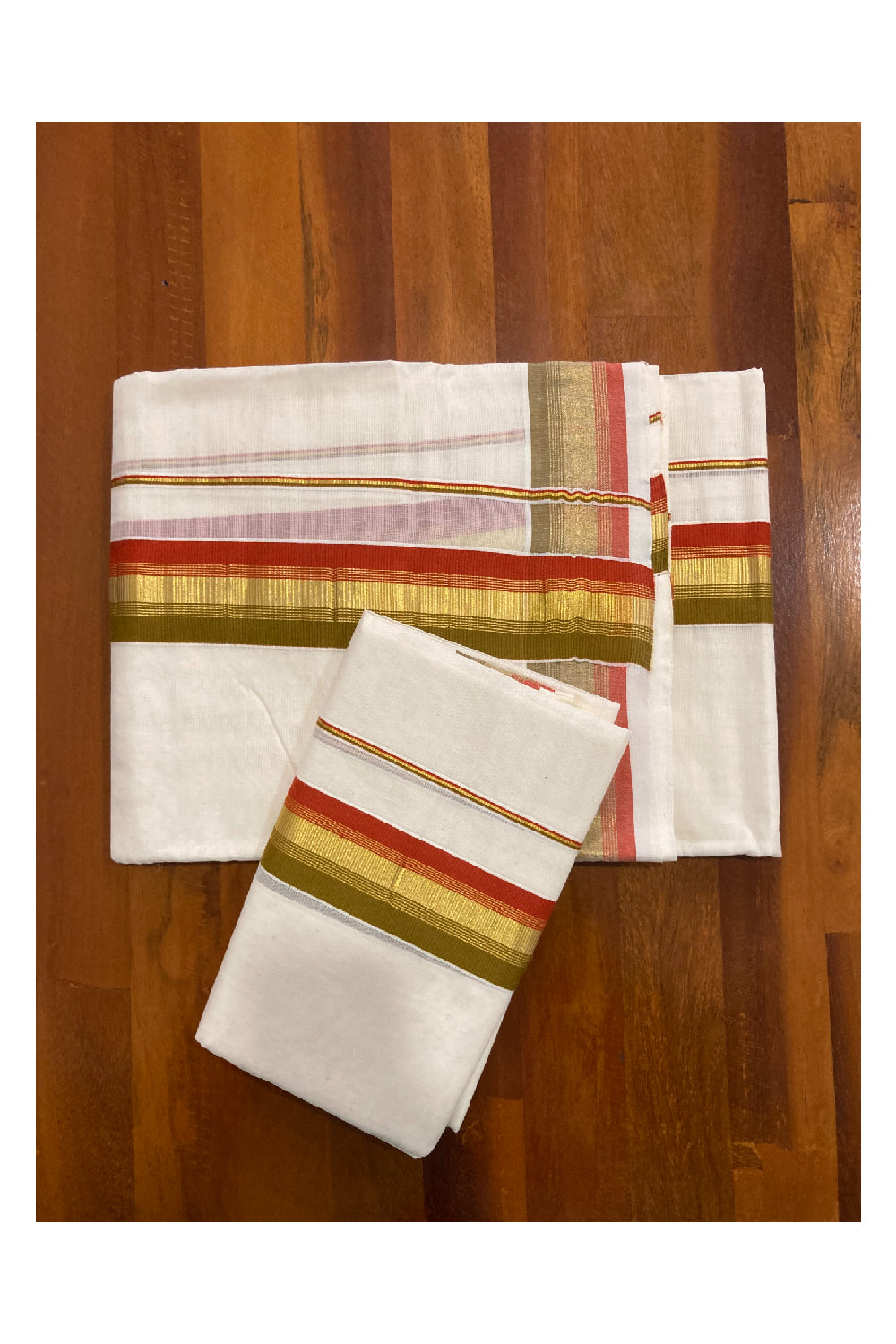 Kerala Cotton Mundum Neriyathum Double (Set Mundu) with Olive Green Red and Kasavu Border