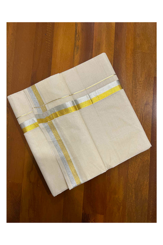 Off White Kerala Double Mundu with Silver and Golden Kasavu Border 1 inches (South Indian Kerala Dhoti)