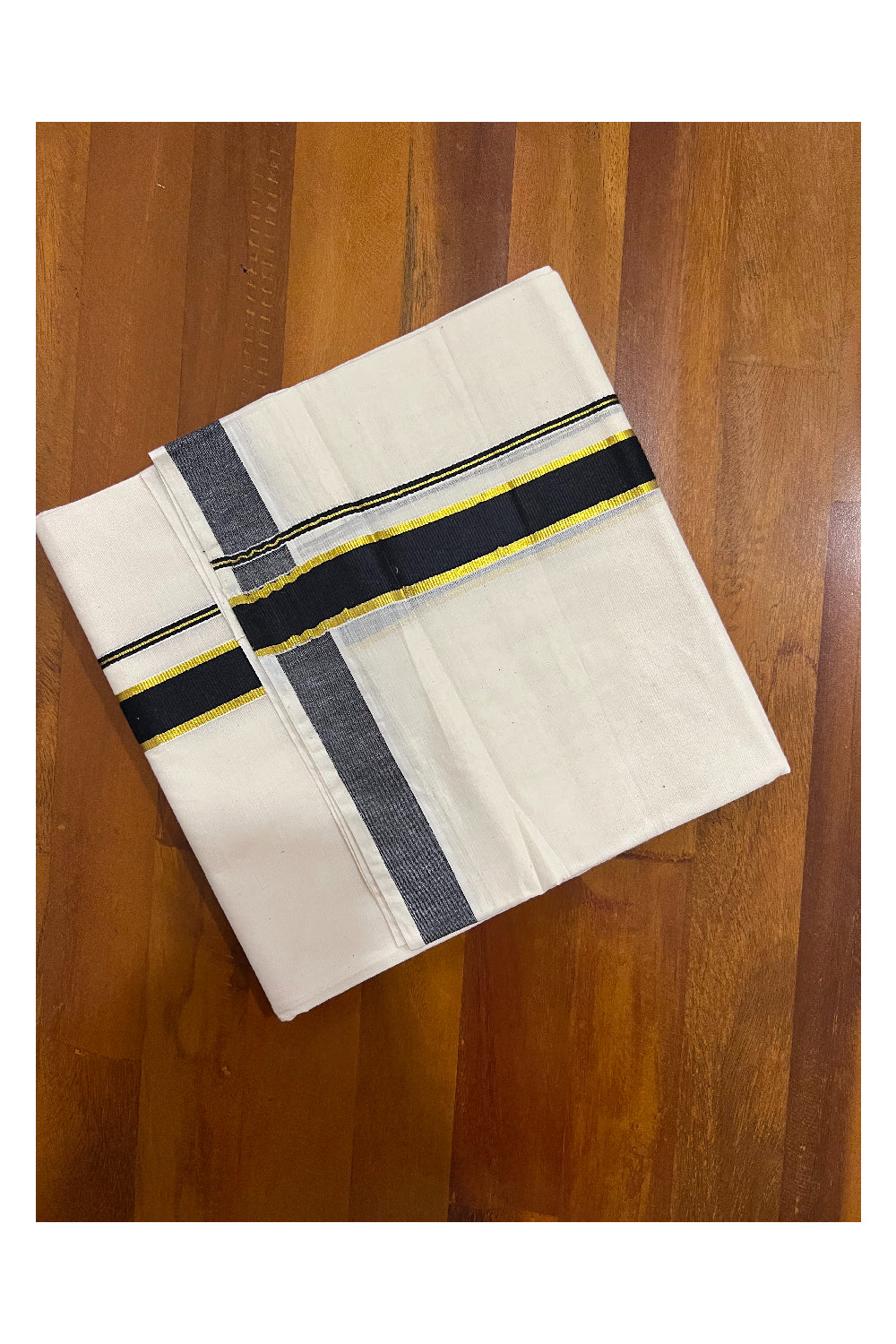 Off White Pure Cotton Double Mundu with Kasavu and Black Kara (South Indian Dhoti)