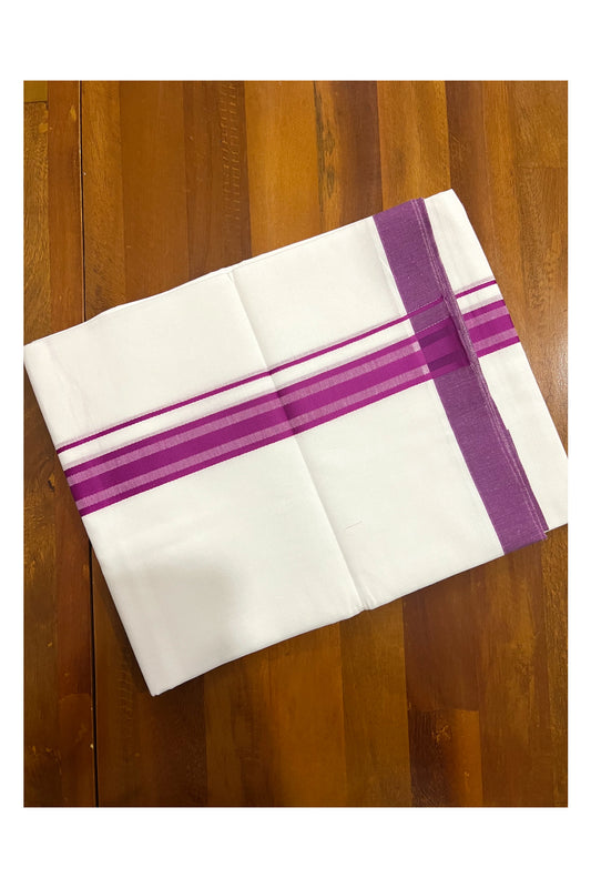 Pure White Cotton Double Mundu with Magenta Line Border (South Indian Dhoti)