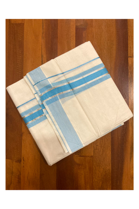 Off White Pure Cotton Double Mundu with Silver Kasavu and Blue Border (South Indian Dhoti)