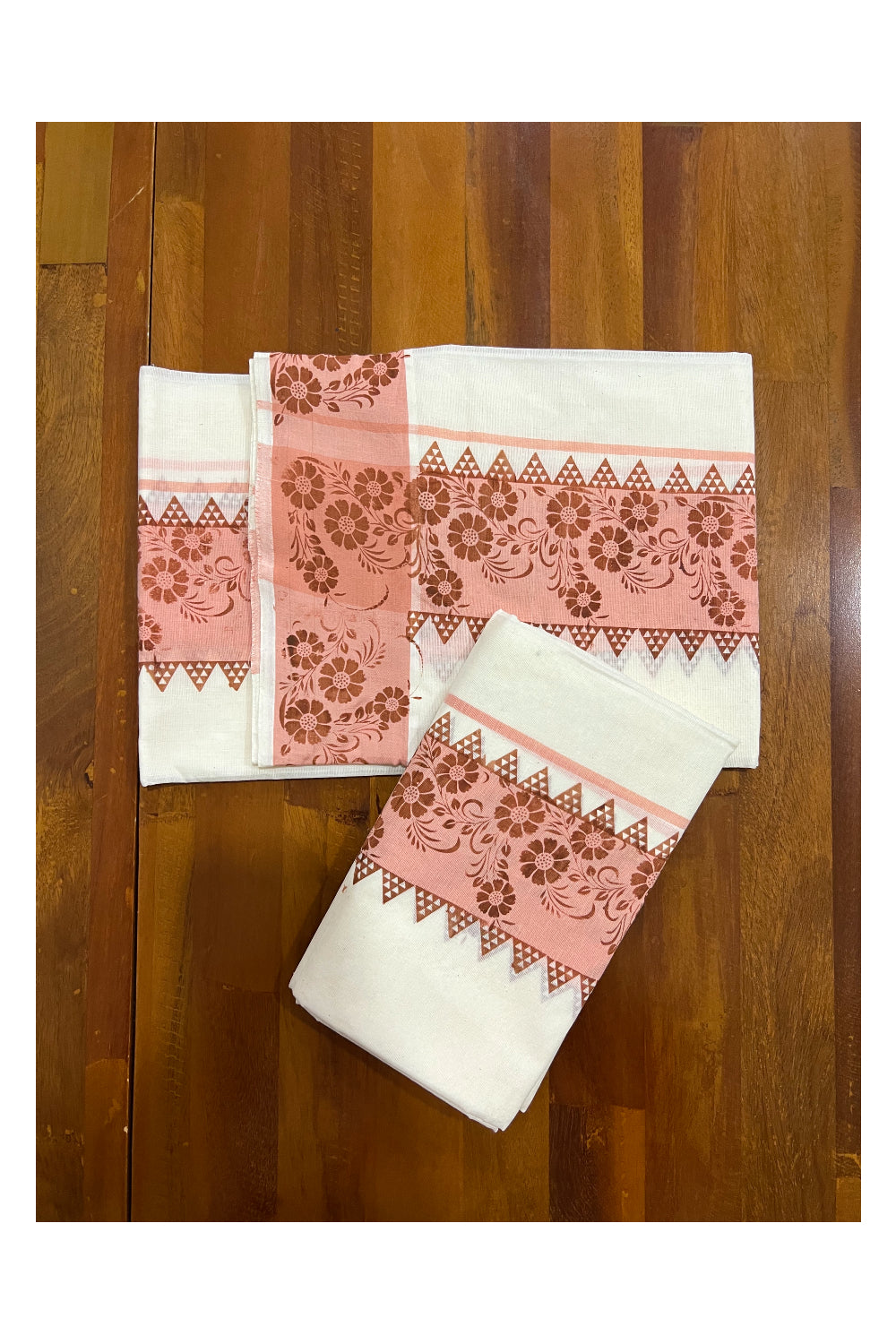 Kerala Cotton Set Mundu (Mundum Neriyathum) with Light Brown Floral Temple Block Prints on Peach Border