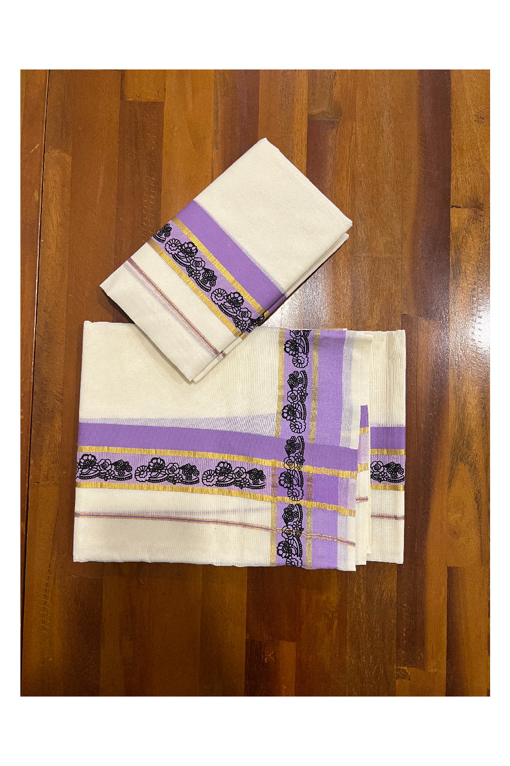 Kerala Cotton Kasavu Set Mundu (Mundum Neriyathum) with Black Floral Block Prints in Violet Border