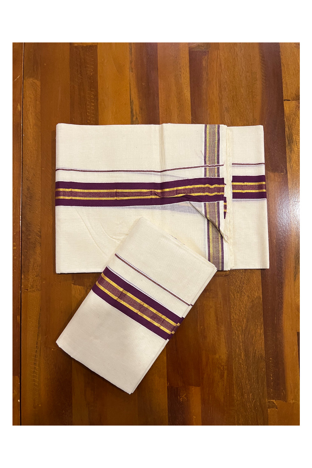 Pure Cotton Kerala Single Set Mundu (Mundum Neriyathum) with Purple and Kasavu Border