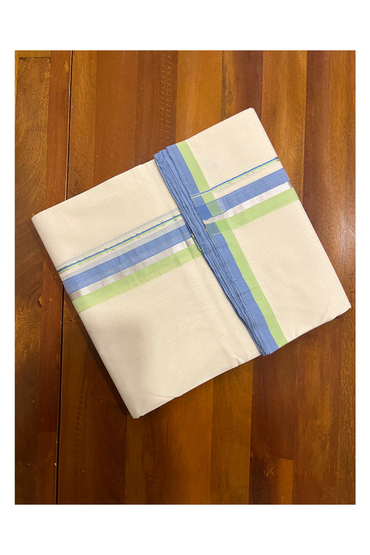 Southloom Super Premium Unakkupaavu Handloom Double Mundu with Blue Light Green and Silver Kasavu Border