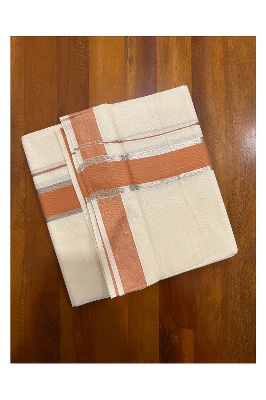 Off White Kerala Double Mundu with Silver Kasavu and Dark Orange Border (South Indian Dhoti)