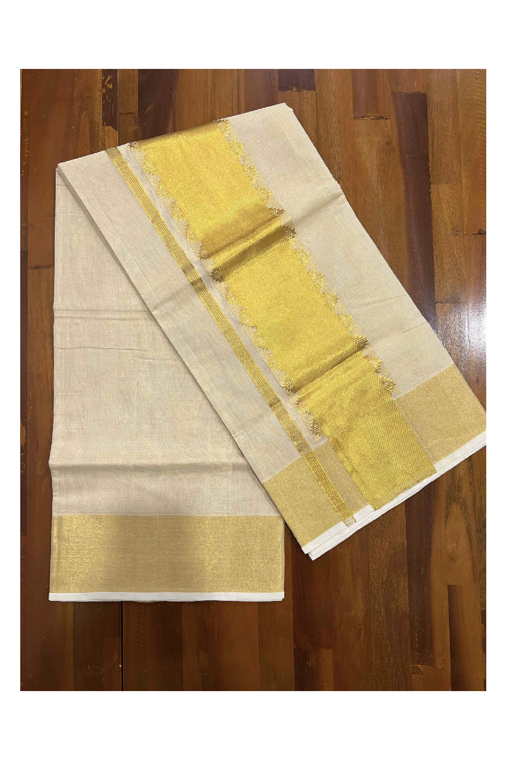 Southloom™ Original Handloom Kasavu Tissue Plain Saree with Handwoven Temple Design on Pallu