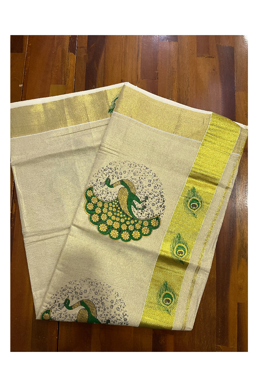 Kerala Tissue Kasavu Saree with Green Peacock Mural Printed Design