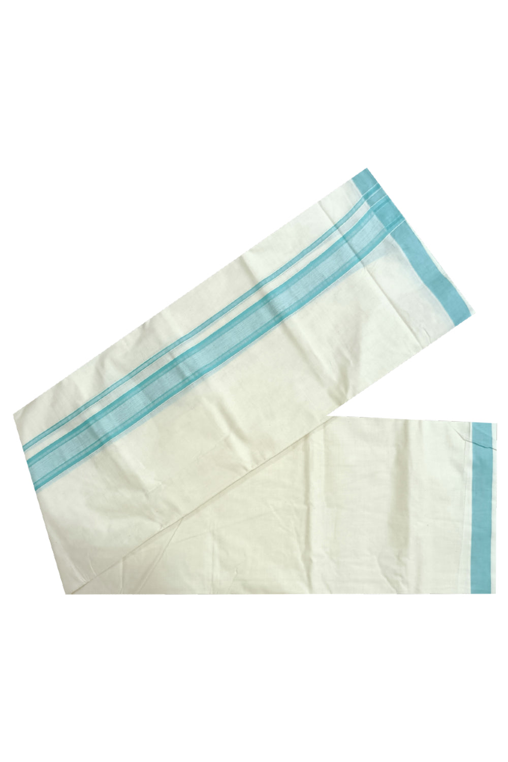 Off White Kerala Double Mundu with Turquoise Kara (South Indian Dhoti)