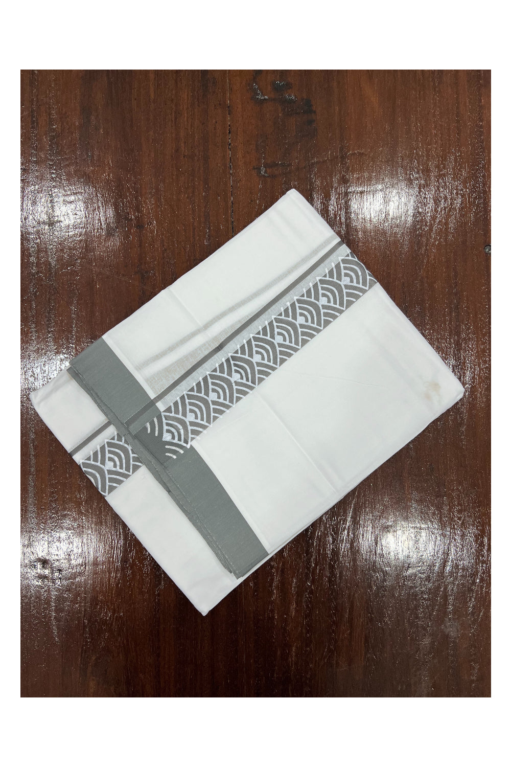 Pure White Cotton Double Mundu with Grey Block Printed Border (South Indian Dhoti)