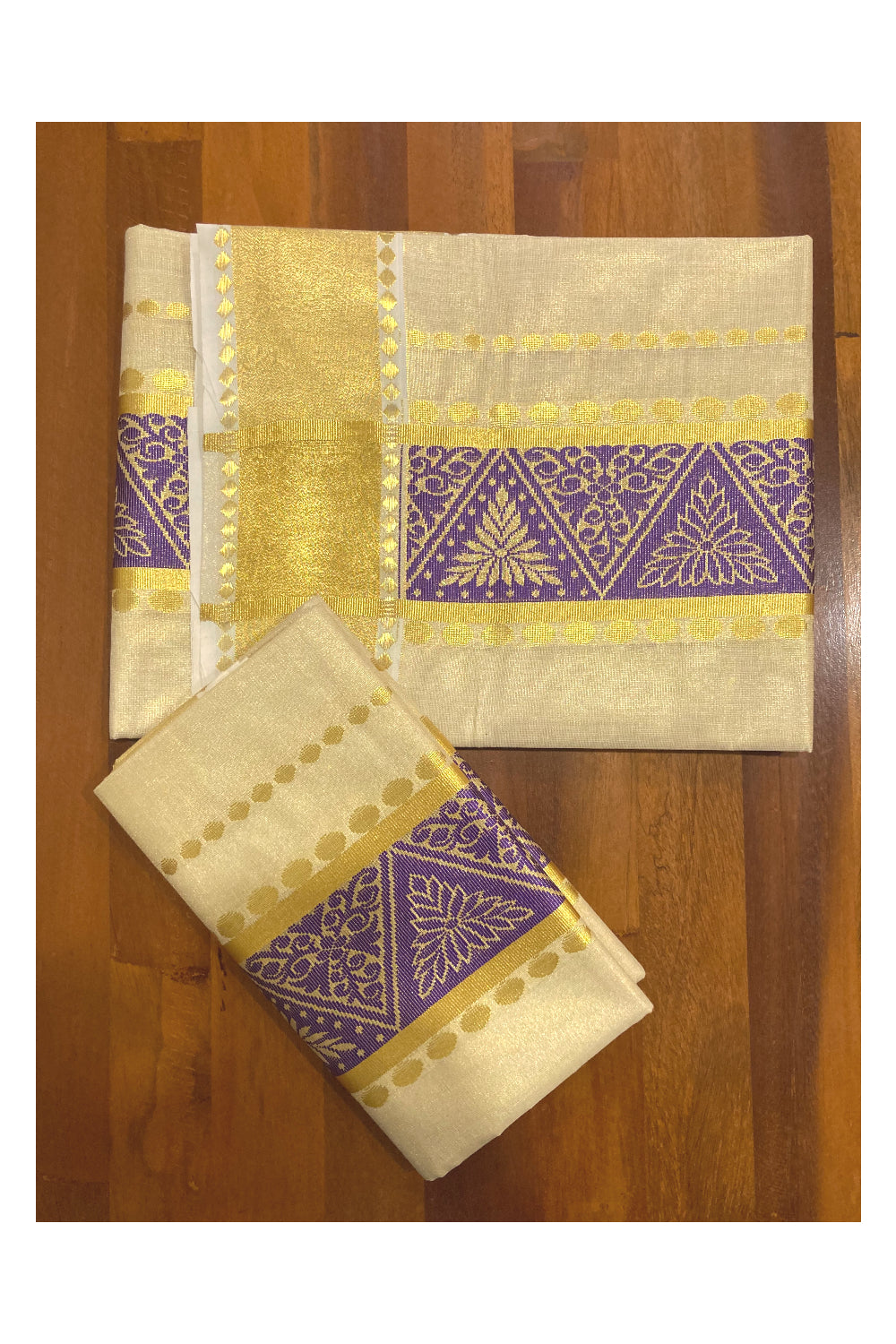 Kerala Tissue Kasavu Set Mundu (Mundum Neriyathum) with Violet Thread Work on Border 2.80 Mtrs