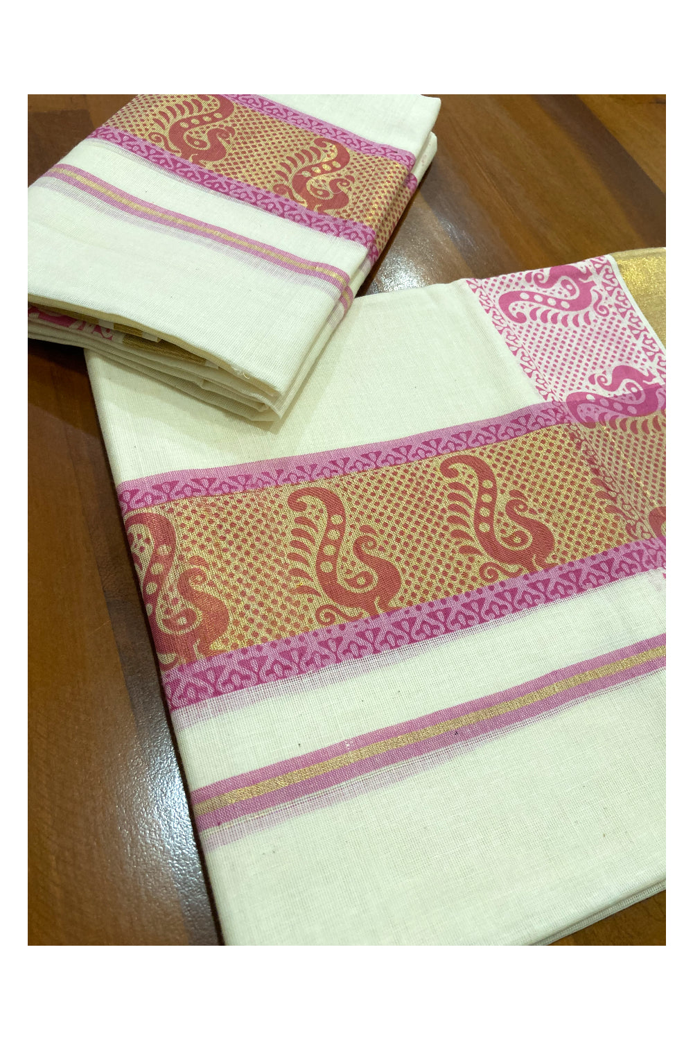 Kerala Cotton Kasavu Set Mundu (Mundum Neriyathum) with Pink Block Prints on Border