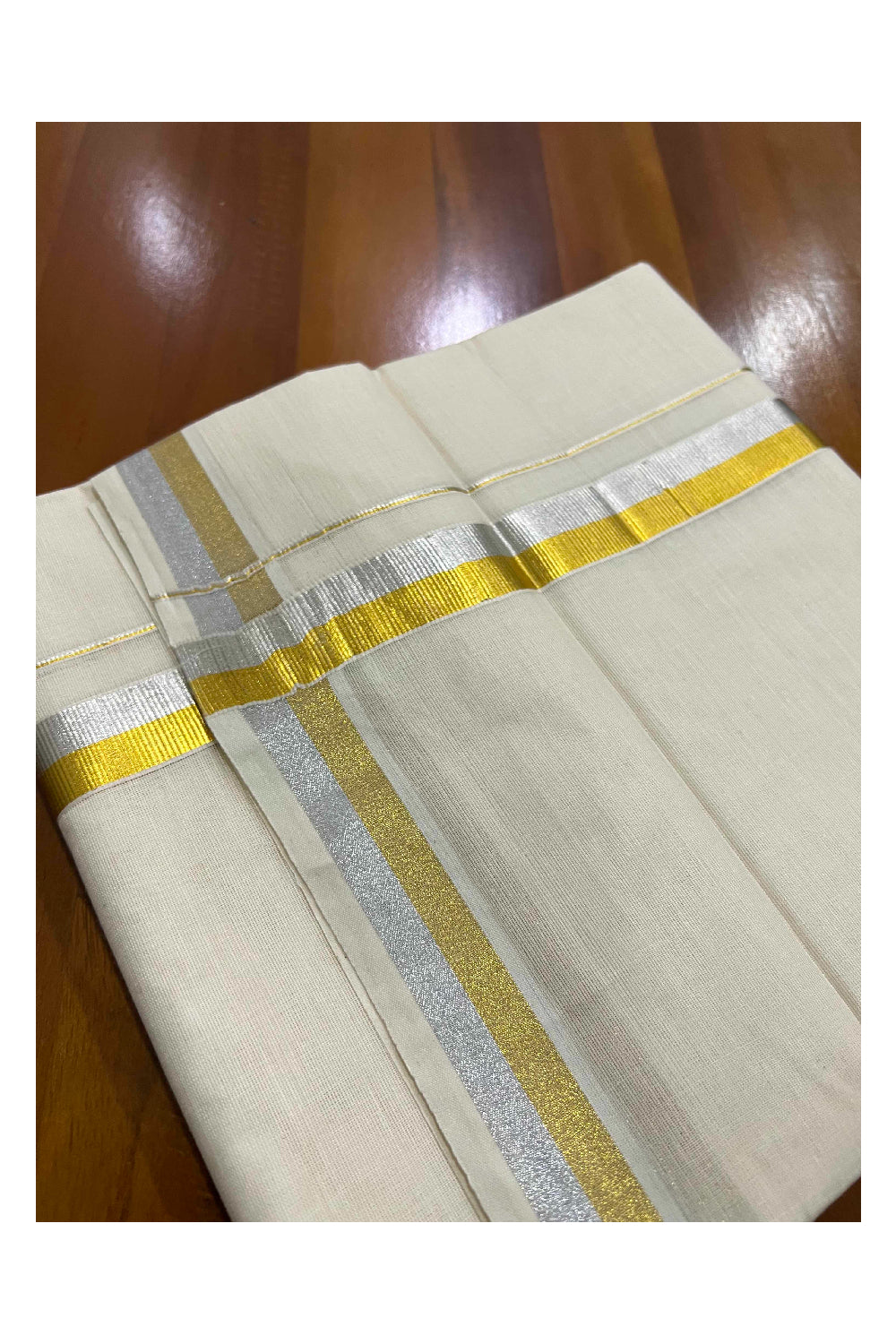 Off White Kerala Double Mundu with Silver and Golden Kasavu Border 1 inches (South Indian Kerala Dhoti)